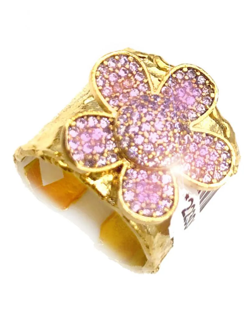 Large Gold-Plated Flower Ring for Women with Pink Design