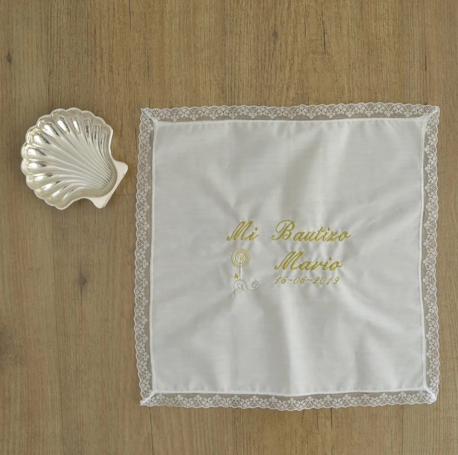 Baptismal hankie or towel embroidered with name - Results: Baptismal handkerchief or towel embroidered with name.