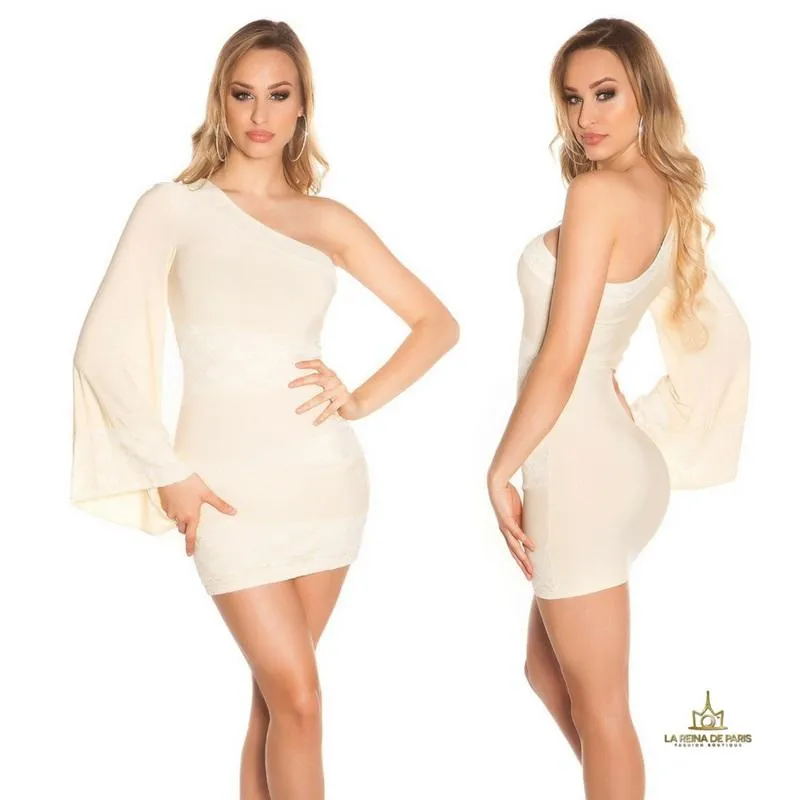 Beige lace sleeve short dress