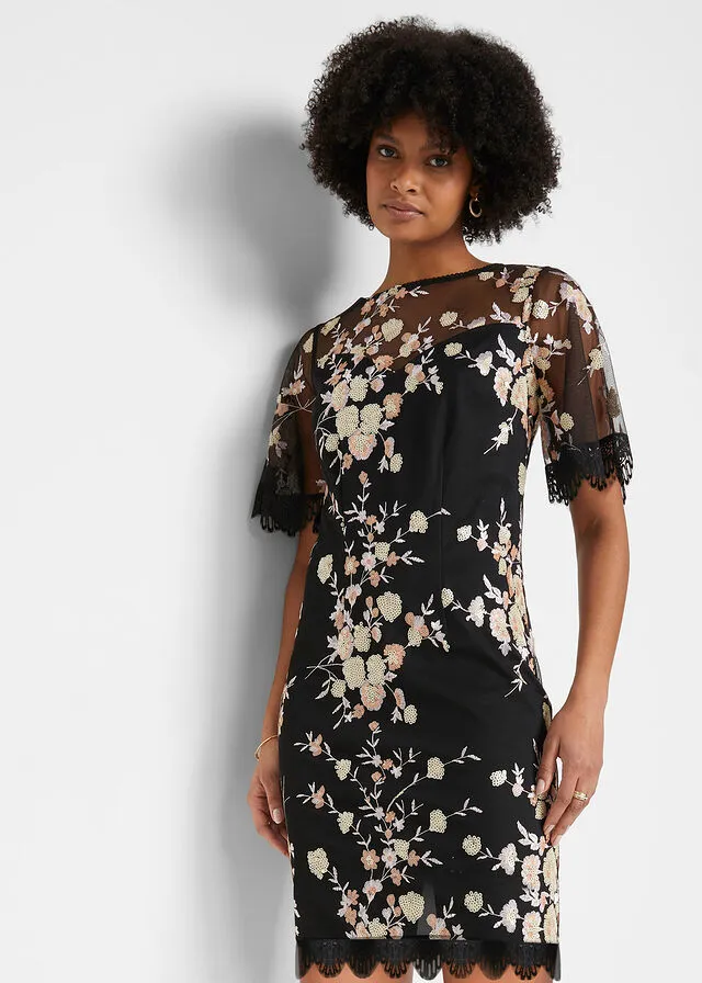 Black-Beige-Pale Pink Floral Sequin Embroidered Dress