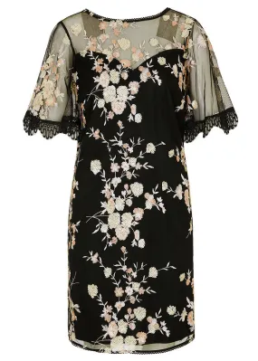 Black-Beige-Pale Pink Floral Sequin Embroidered Dress