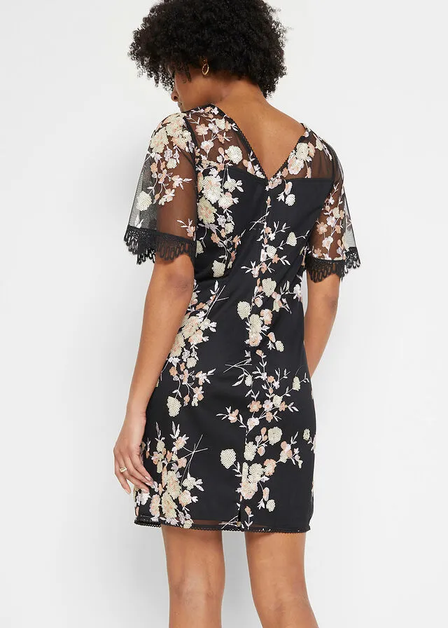 Black-Beige-Pale Pink Floral Sequin Embroidered Dress