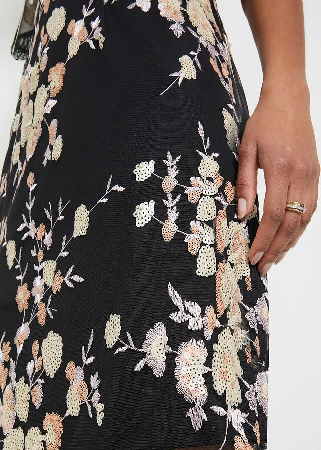 Black-Beige-Pale Pink Floral Sequin Embroidered Dress