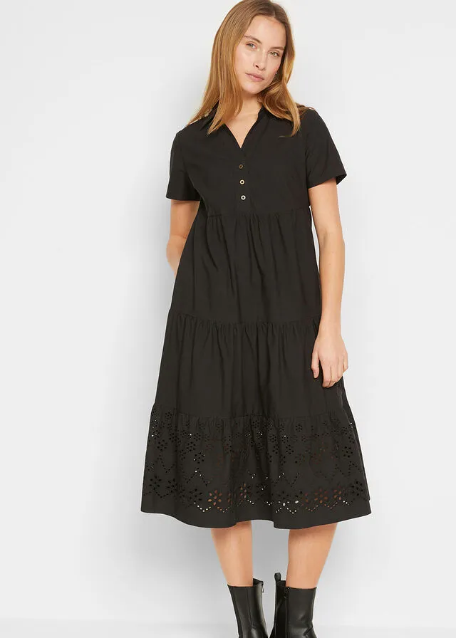 Black embroidered cutout tunic dress