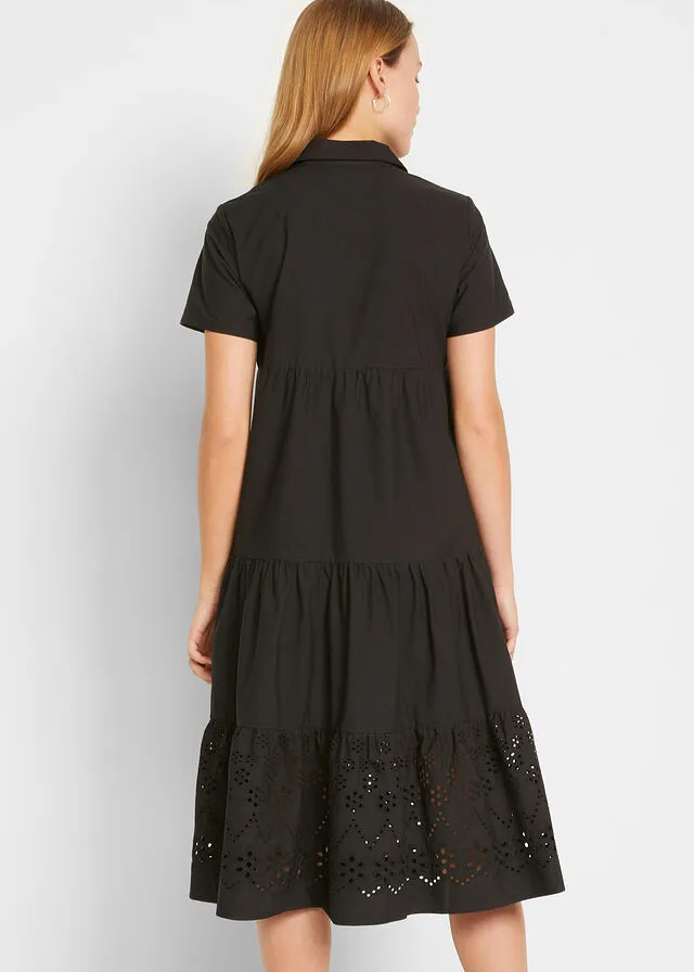 Black embroidered cutout tunic dress