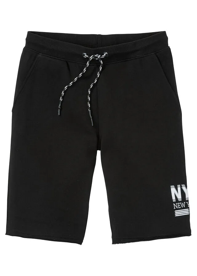 Black regular fit open hem sweat shorts with print