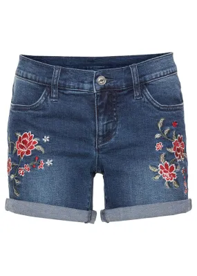 Blue Floral Embroidered Denim Shorts