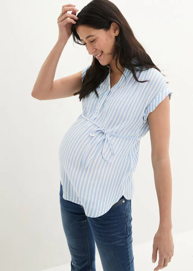 Baby Blue and White Striped Short Sleeve Blouse