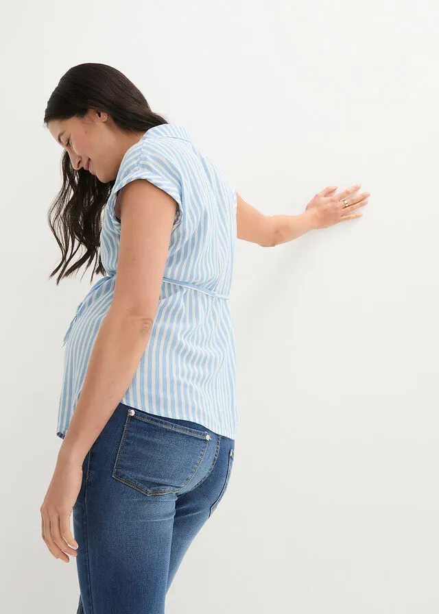 Baby Blue and White Striped Short Sleeve Blouse