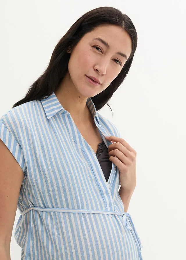 Baby Blue and White Striped Short Sleeve Blouse