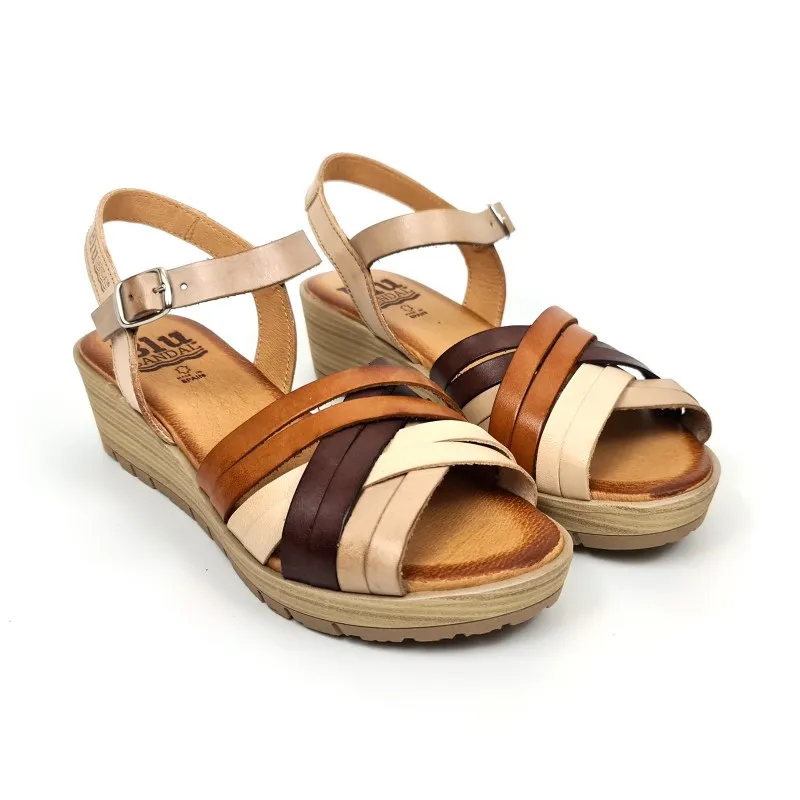 Blusandal Women's Low Wedge Sandals 3106 Multicuero with Padded Leather Insole