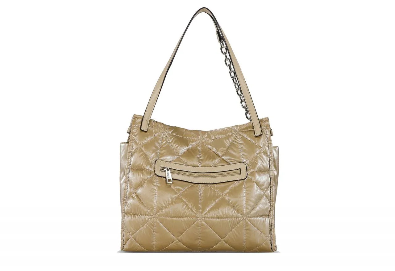 Quilted Golden Nylon Bag with Metal Logo Pocket