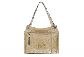 Quilted Golden Nylon Bag with Metal Logo Pocket