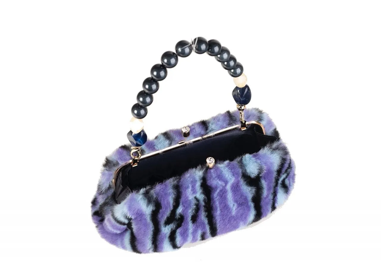 Blue Zebra Print Hair Clutch Bag with Kiss-Lock Closure