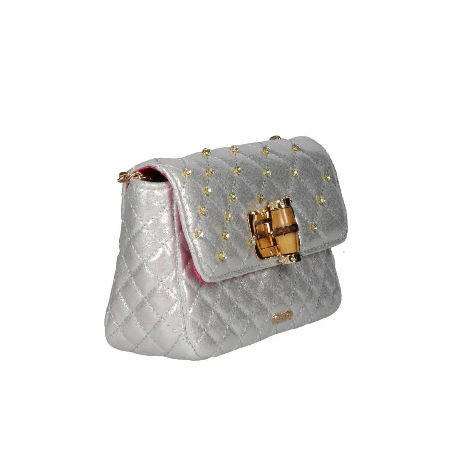 Padded Silver Handbag with Bamboo Brooch and Rhinestones.