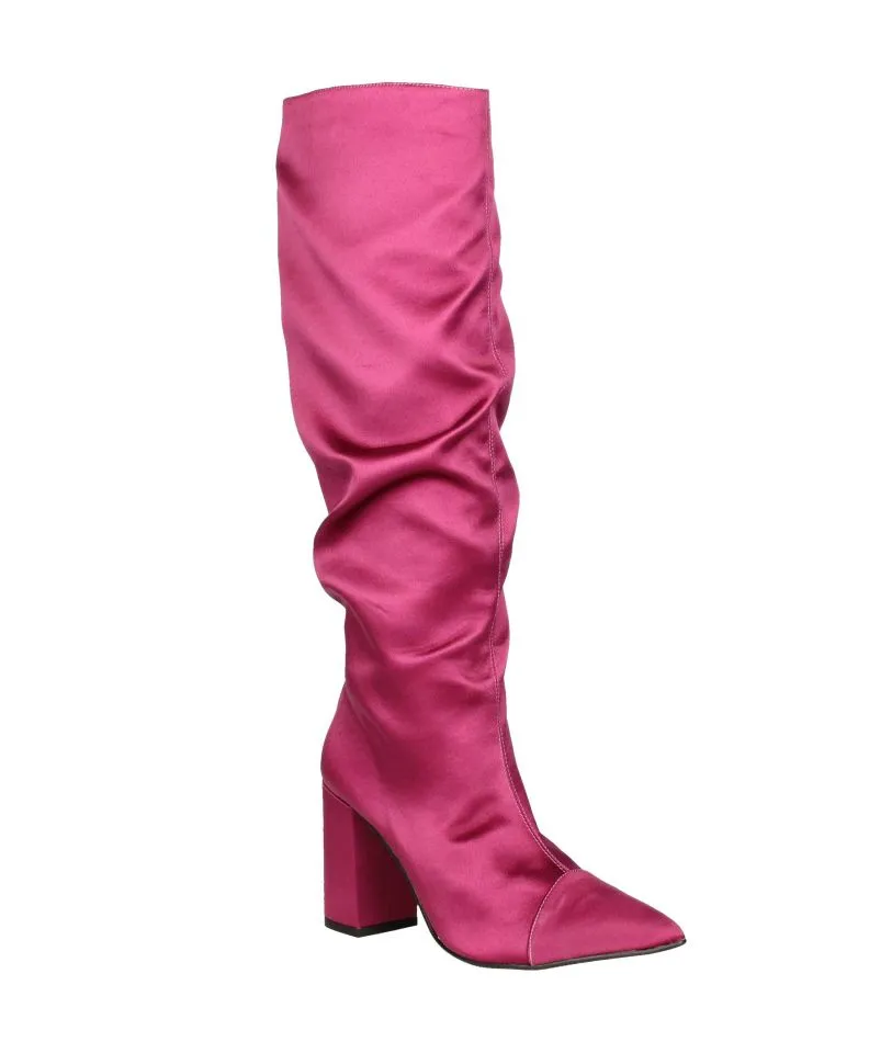 High Pink Satin Wrinkled Ankle Boot Zipper Low Heel