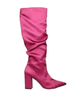 High Pink Satin Wrinkled Ankle Boot Zipper Low Heel