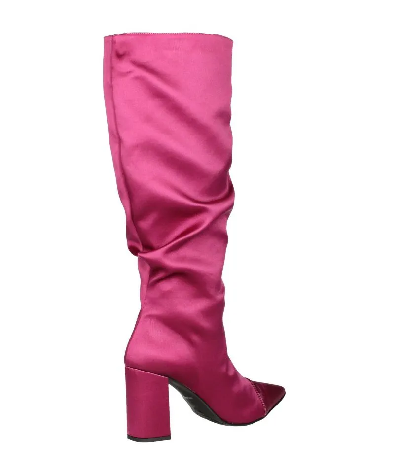 High Pink Satin Wrinkled Ankle Boot Zipper Low Heel