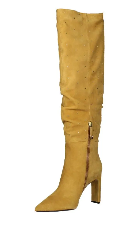 Mustard Ankle Boots with Low Zip and Gold Studs