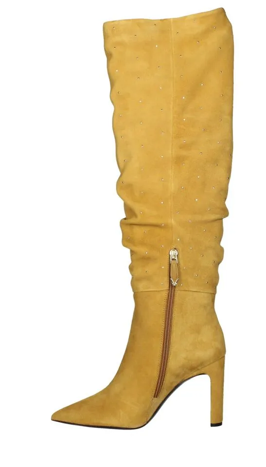 Mustard Ankle Boots with Low Zip and Gold Studs