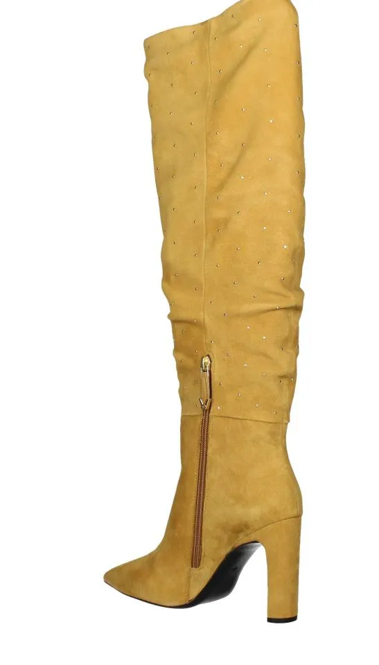 Mustard Ankle Boots with Low Zip and Gold Studs