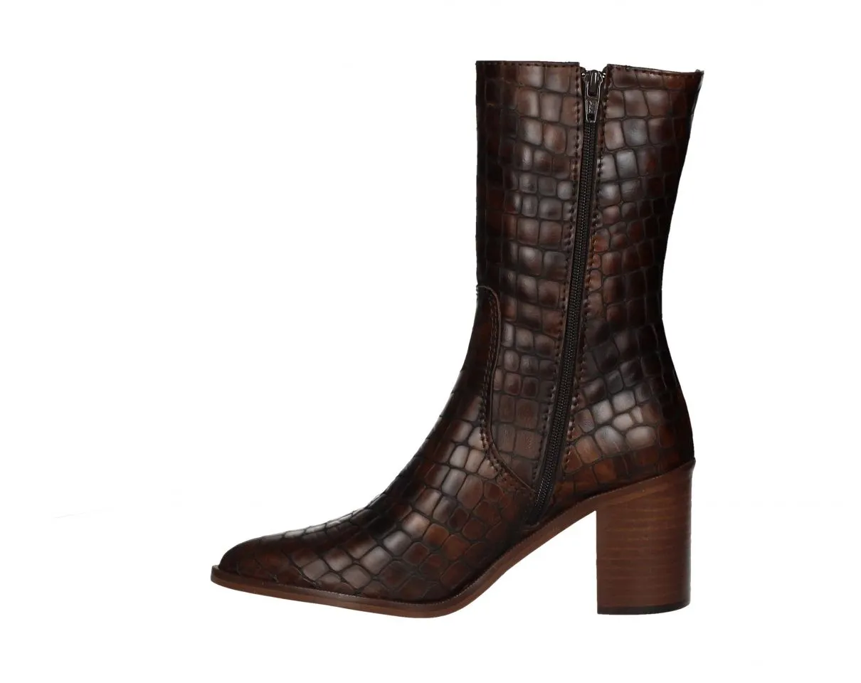 Brown Mid-Calf High Heel Boots with Zipper and Coco Leather