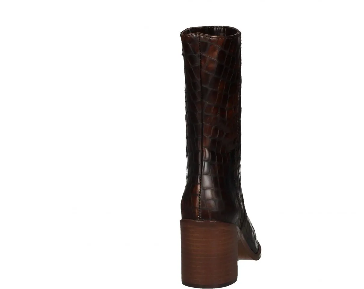 Brown Mid-Calf High Heel Boots with Zipper and Coco Leather