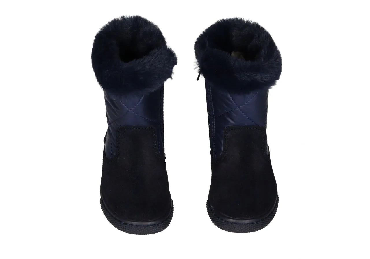 Blue Suede Boot with Quilted Diamond Pattern and Fur Collar.