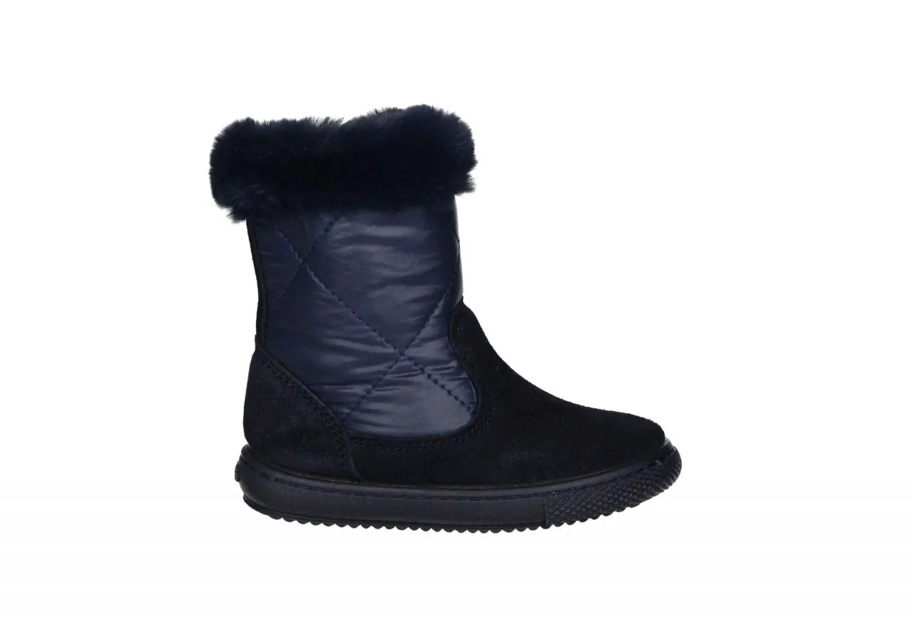 Blue Suede Boot with Quilted Diamond Pattern and Fur Collar.