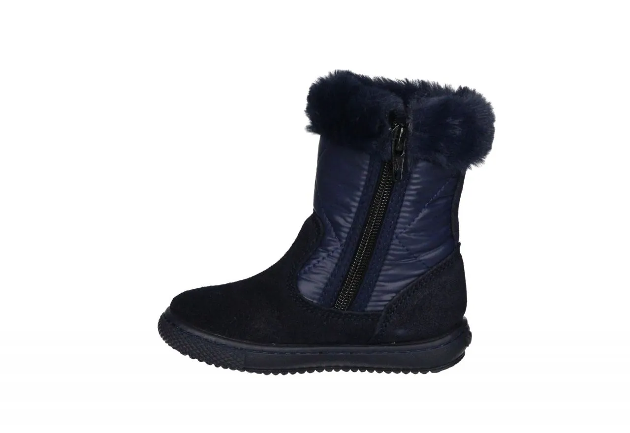 Blue Suede Boot with Quilted Diamond Pattern and Fur Collar.