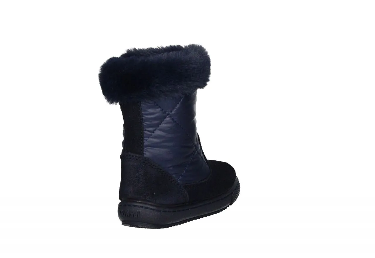 Blue Suede Boot with Quilted Diamond Pattern and Fur Collar.