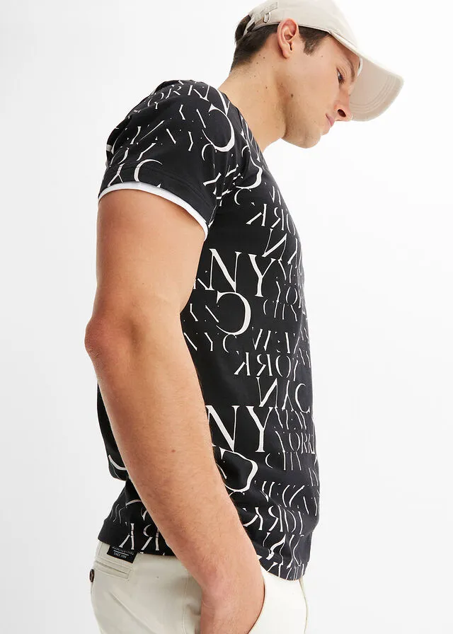 Henley neck shirt with slim fit and short sleeve Black print