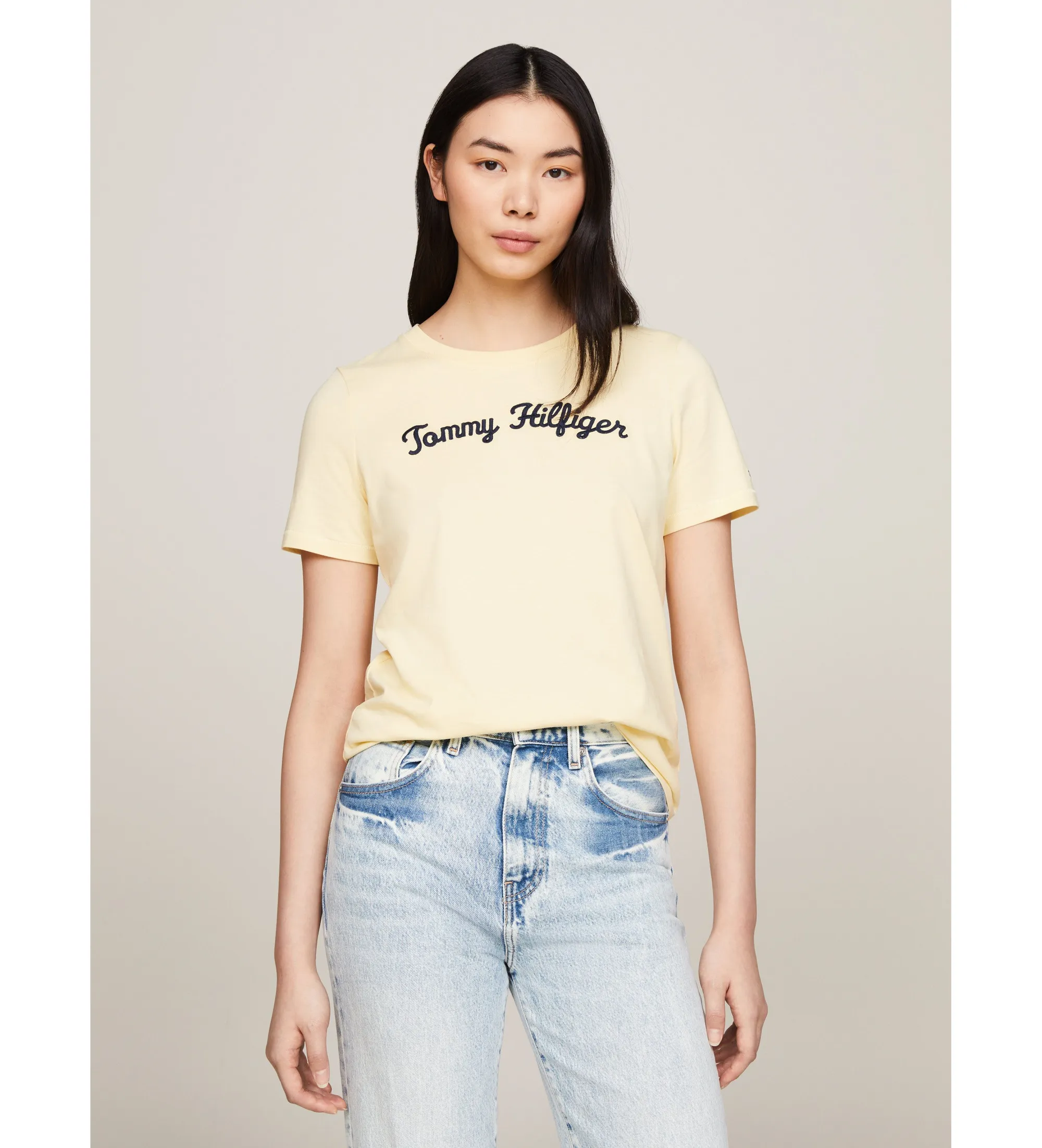 Yellow Embroidered Logo Script Font T-shirt