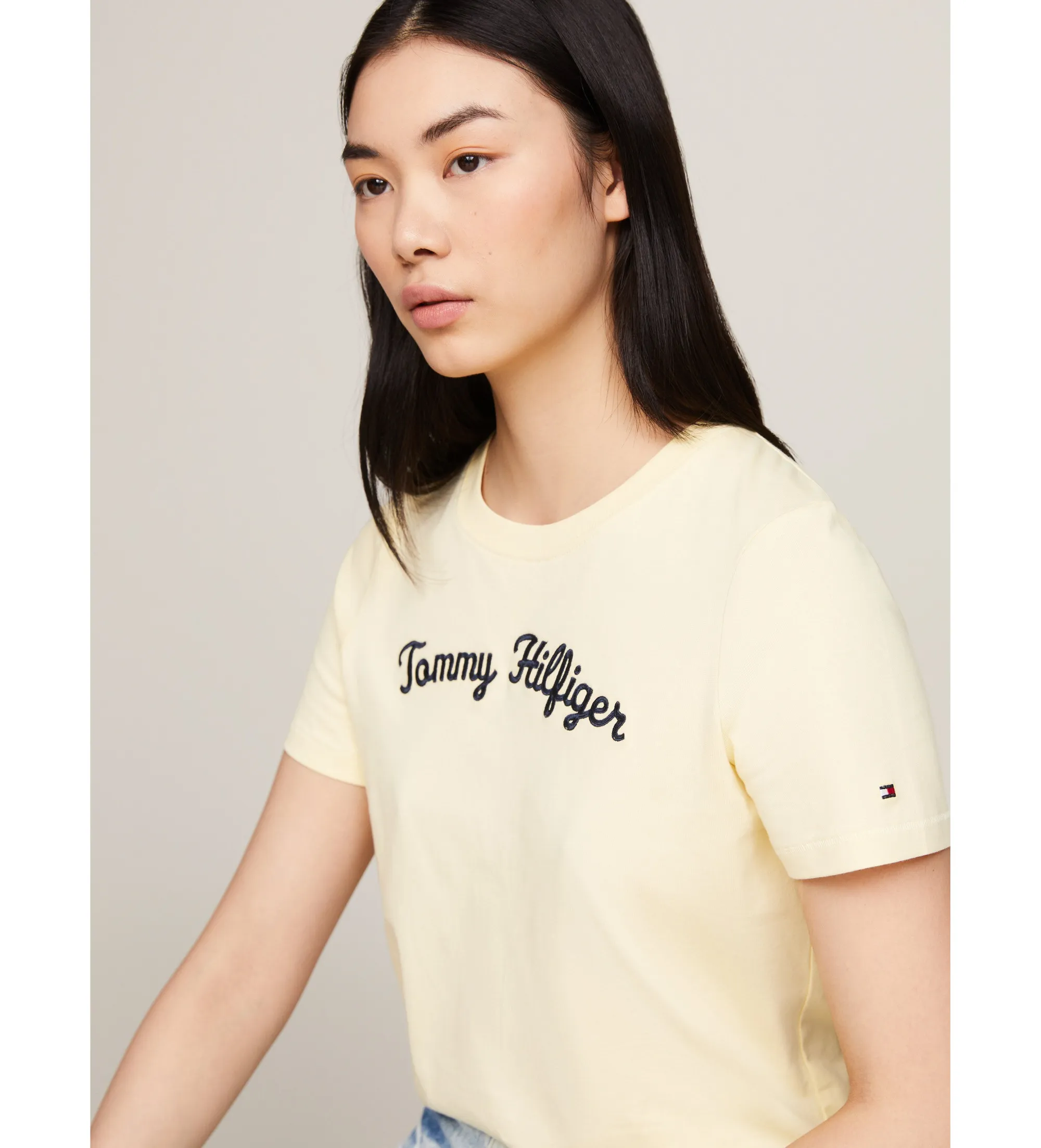 Yellow Embroidered Logo Script Font T-shirt