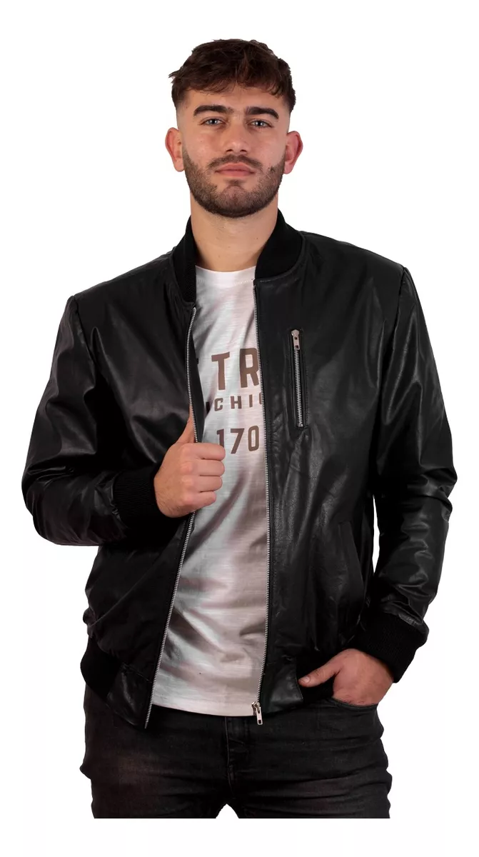 Men's 100% Cowhide Leather Bomber Jacket Ribbed Collar