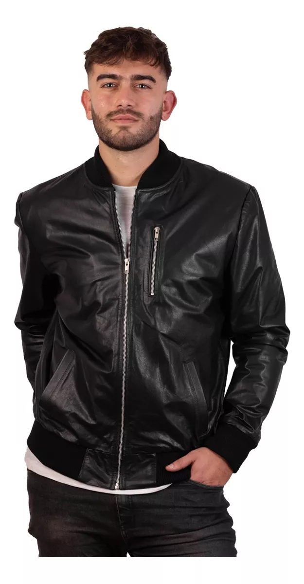 Men's 100% Cowhide Leather Bomber Jacket Ribbed Collar