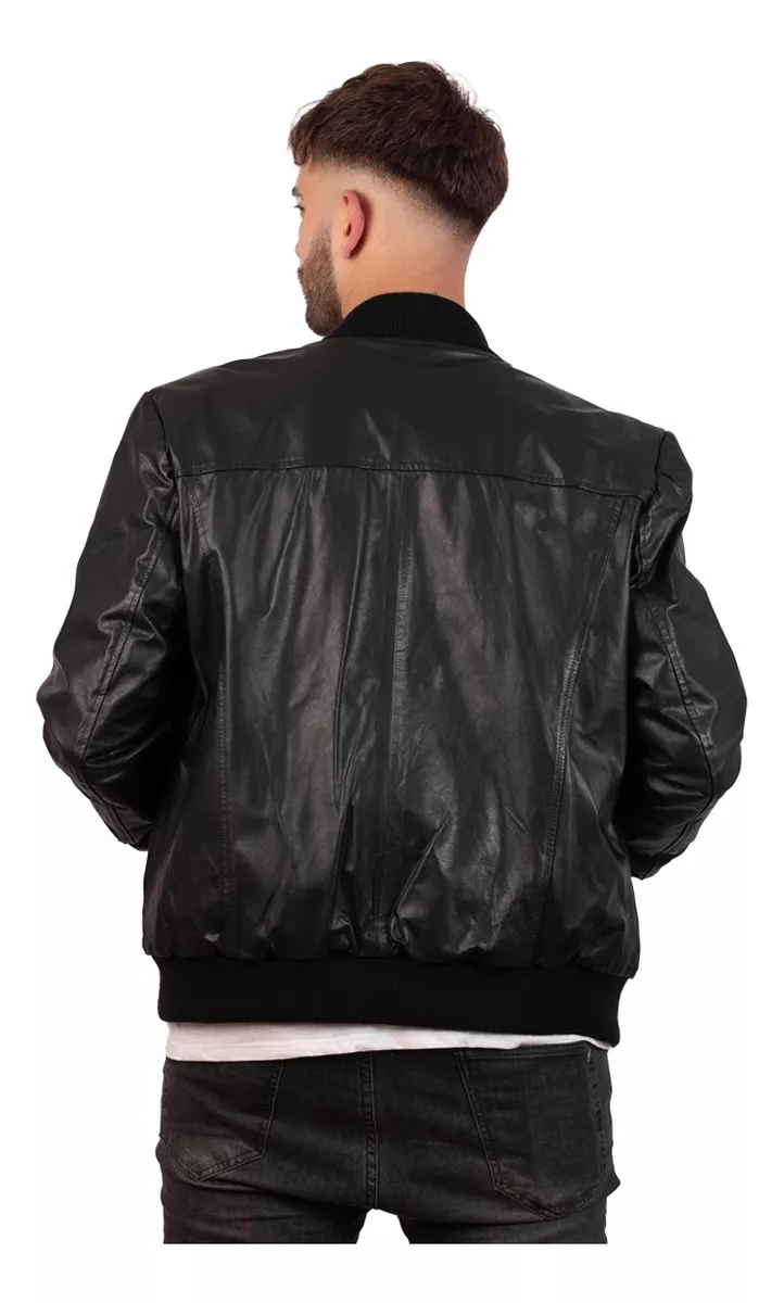 Men's 100% Cowhide Leather Bomber Jacket Ribbed Collar