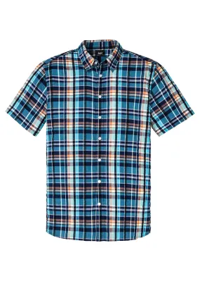 Comfortable fit short-sleeve thousand stripes blue checkered shirt.