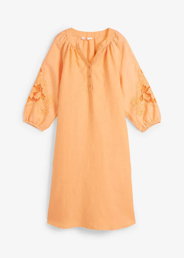 Creamy Orange Linen Dress with Cutwork Embroidery