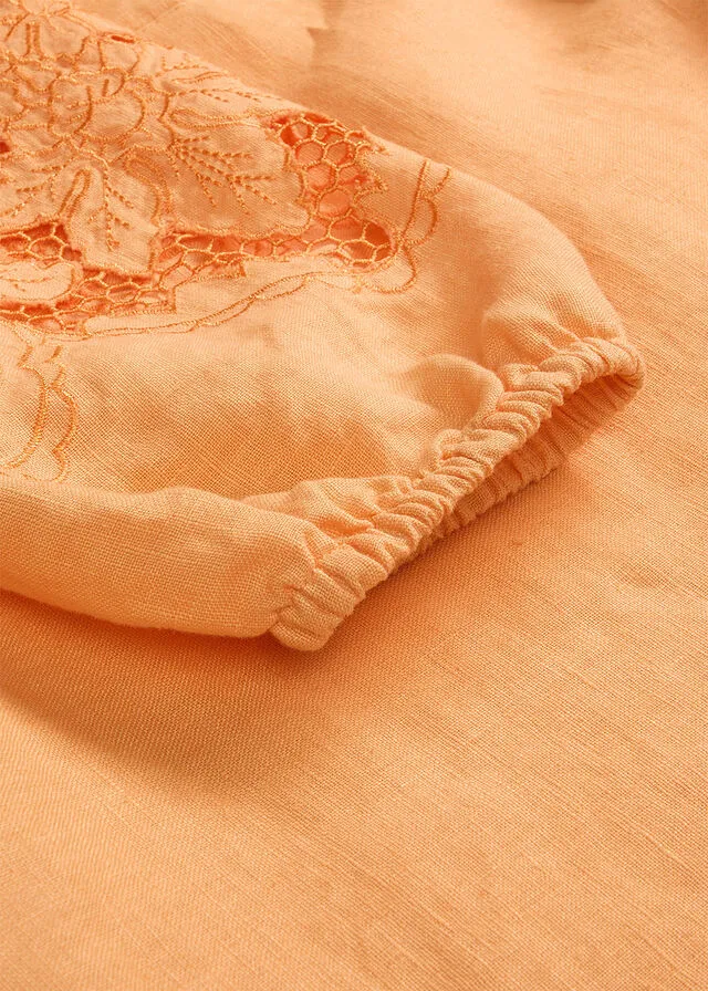 Creamy Orange Linen Dress with Cutwork Embroidery