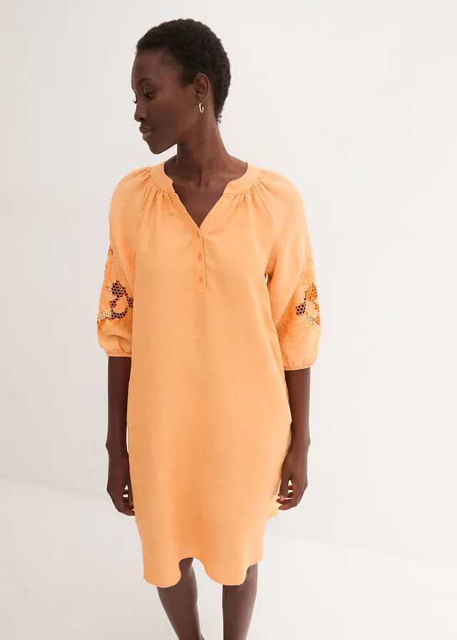 Creamy Orange Linen Dress with Cutwork Embroidery