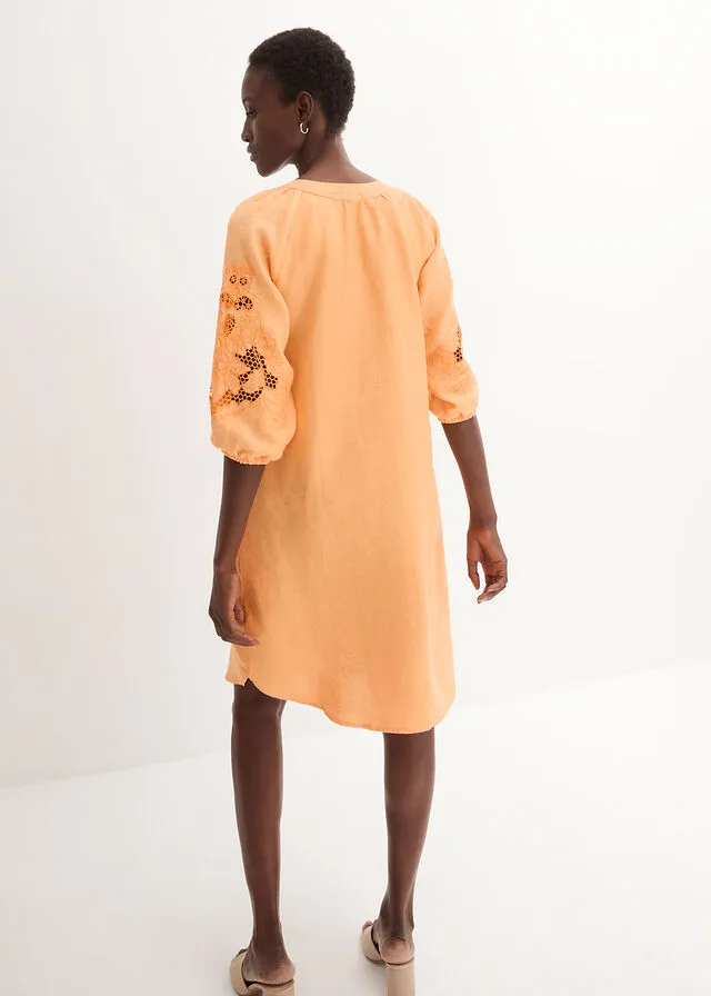 Creamy Orange Linen Dress with Cutwork Embroidery