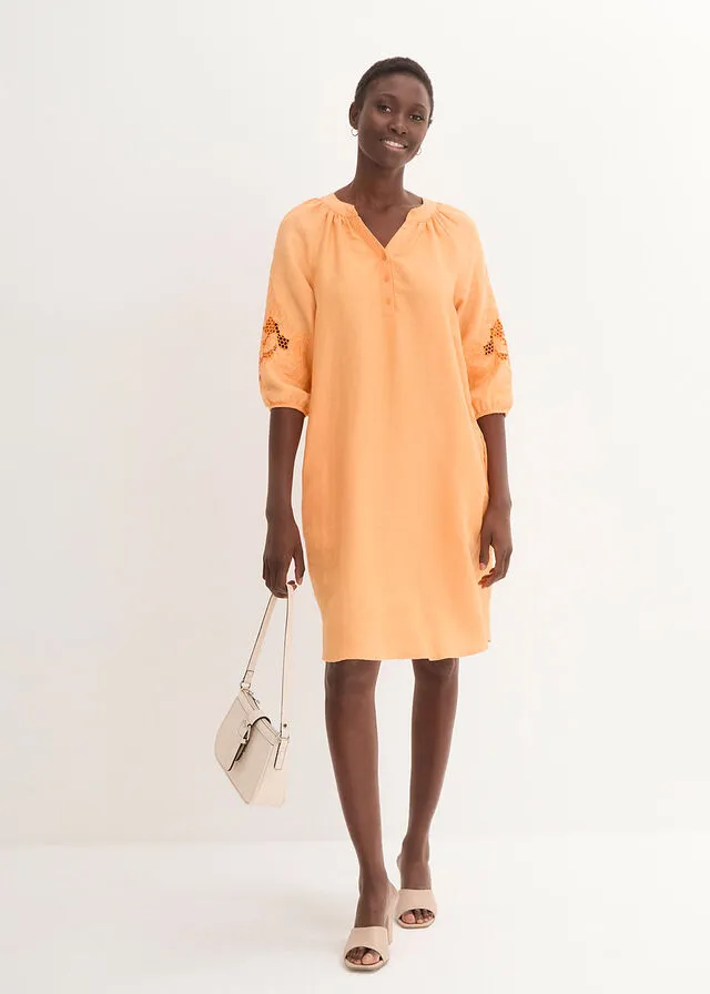 Creamy Orange Linen Dress with Cutwork Embroidery