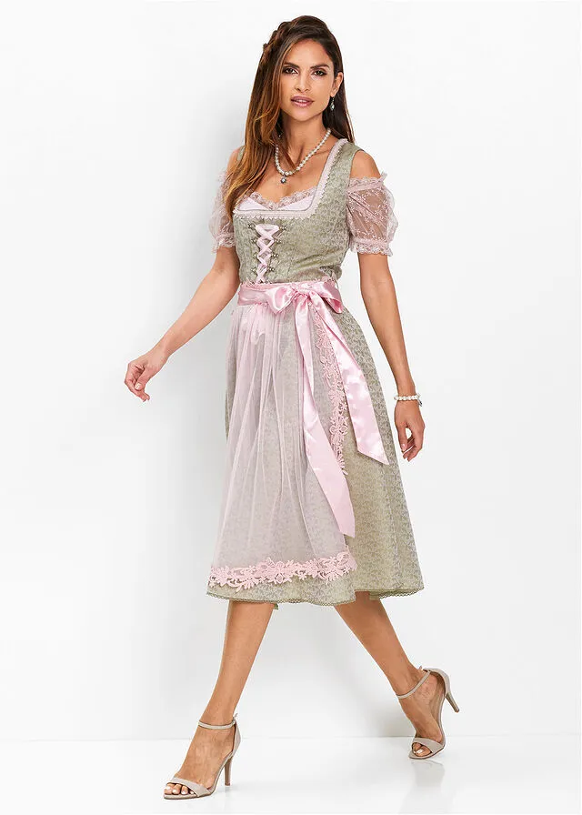 Dirndl with pearls (2 pieces) Khaki-light pink print.