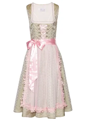 Dirndl with pearls (2 pieces) Khaki-light pink print.