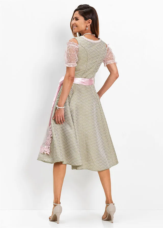 Dirndl with pearls (2 pieces) Khaki-light pink print.