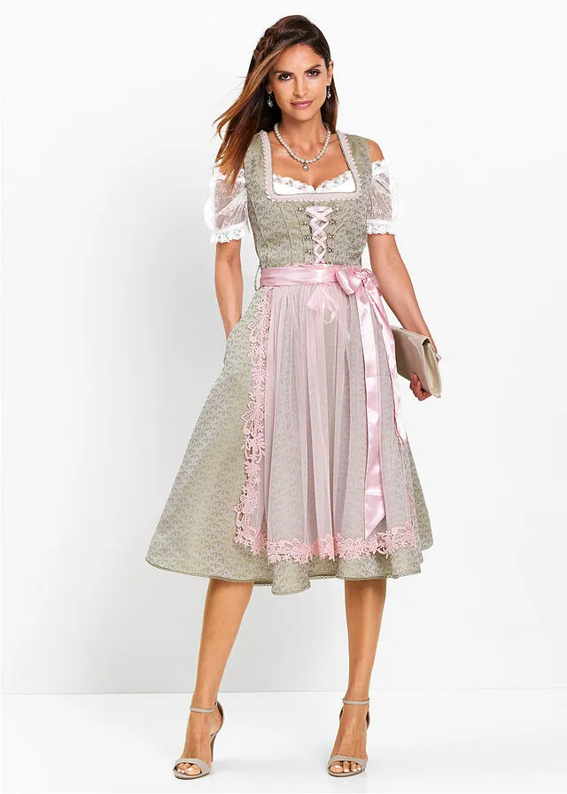 Dirndl with pearls (2 pieces) Khaki-light pink print.