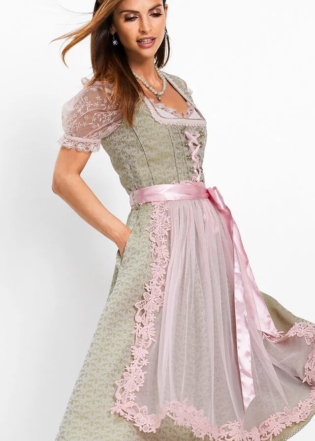 Dirndl with pearls (2 pieces) Khaki-light pink print.