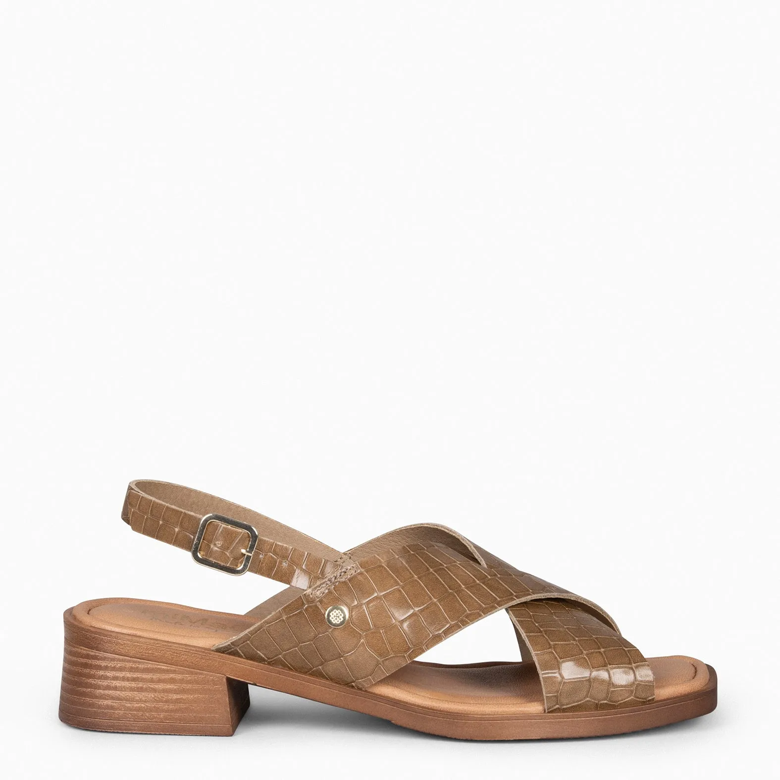 Flat leather sandals with coco embossed design in TAUPE - BETANIA