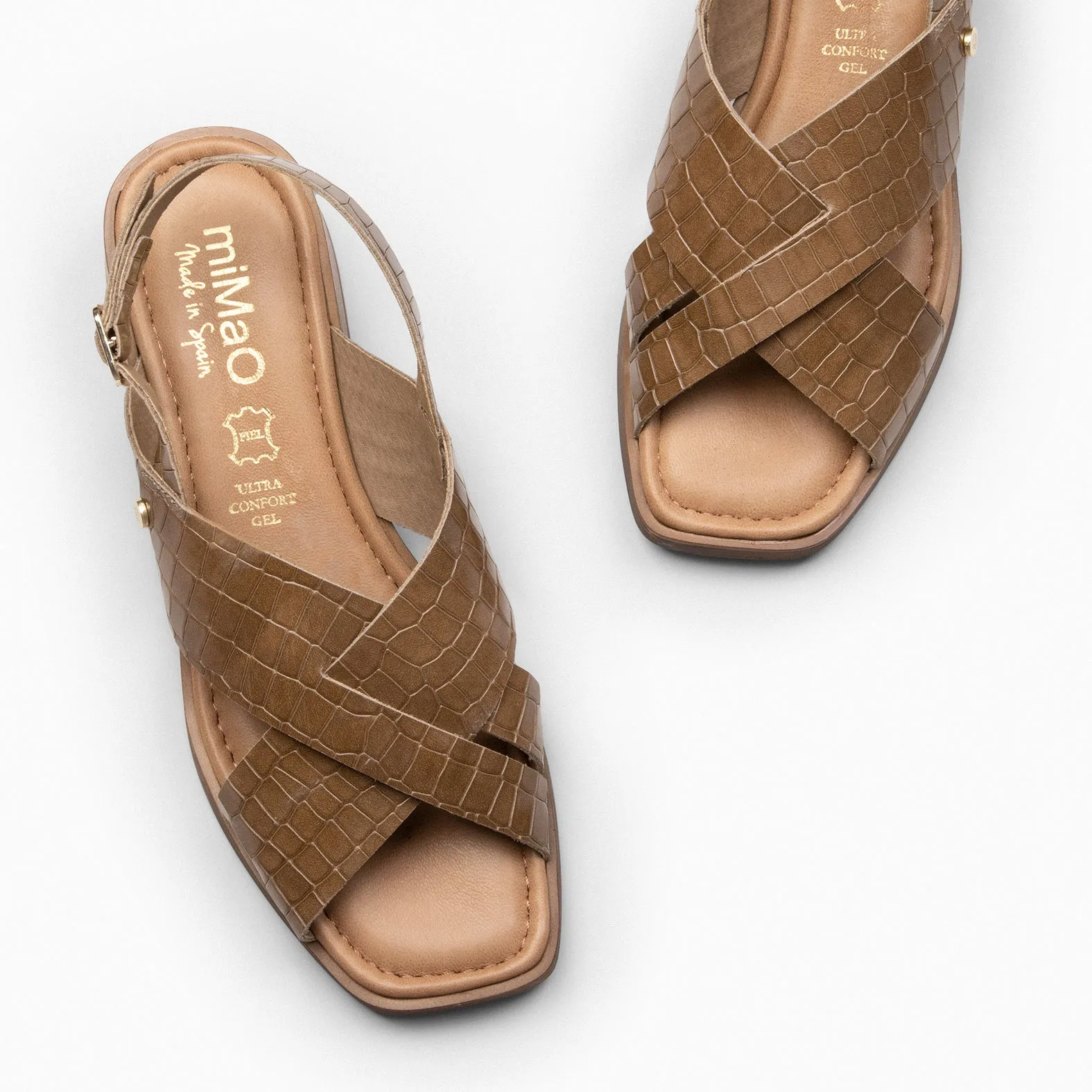 Flat leather sandals with coco embossed design in TAUPE - BETANIA